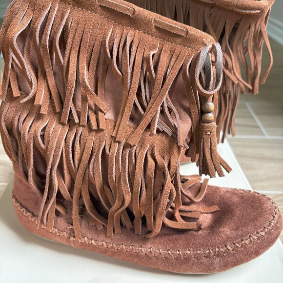 New Mossimo Suede Leather Brown Pocahontas Moccasin Fringe Boots Womens Size 8 - Picture 1 of 5